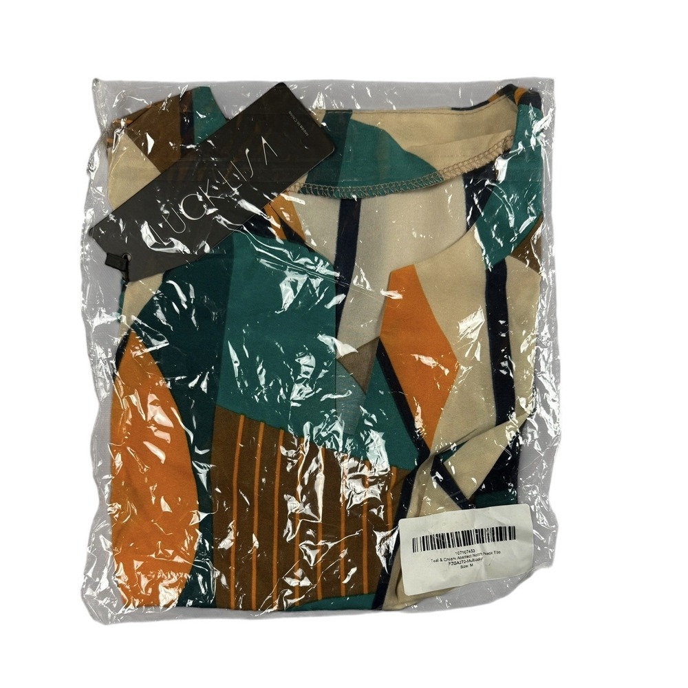 LUCKY LISA Women's Medium Abstract Notch Neck Top Teal Cream Geometric NEW